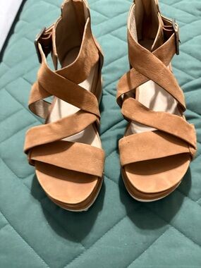 Eileen Fisher Cognac Suede Crisscross Platform Sandals